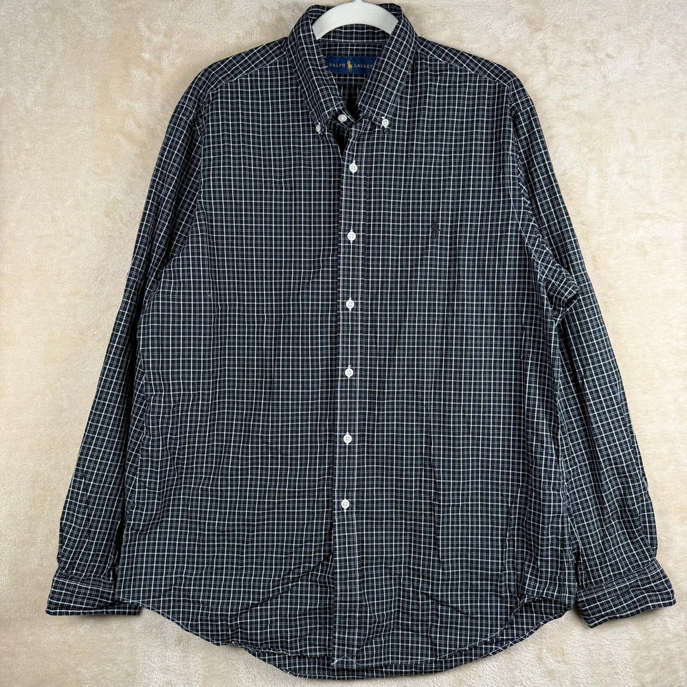 Ralph Lauren Men's Black White Plaid Button Up Long Slv Black Pony Classic Fit L